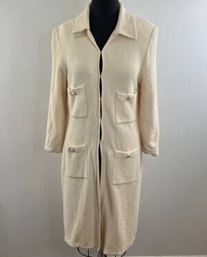 VINTAGE St John Cream Long Line Duster Wool Four Pocket Sweater Coat 10 FLAW VTG